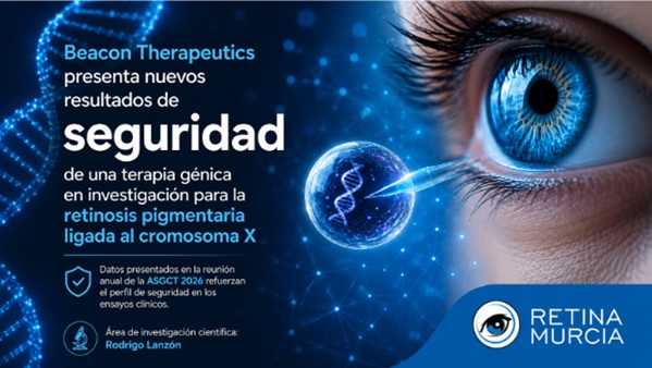 Imagen informativa en tonos azules. A la derecha aparece un primer plano de un ojo humano azul; en el centro, una esfera luminosa con una doble hélice de ADN y un instrumento médico que simboliza una terapia génica. A la izquierda se muestra el titular sobre los resultados de seguridad de una terapia génica de Beacon Therapeutics para la retinosis pigmentaria ligada al cromosoma X. 